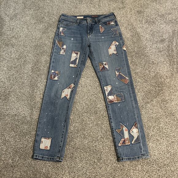 Pilcro Medium Wash Patchwork Splatter Slim Boyfriend Mid Rise Jeans 26 Blue Red - Picture 1 of 7